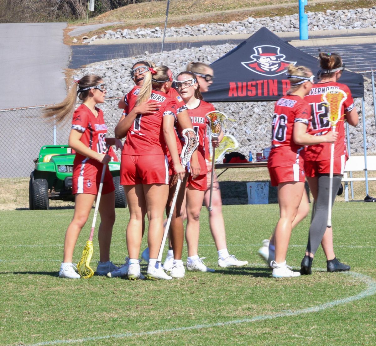 Austin Peay State University women’s lacrosse players celebrate a goal during the Govs’ 17-16 win over Canisius University on Feb. 27, 2026, at Morgan Bros Field.
