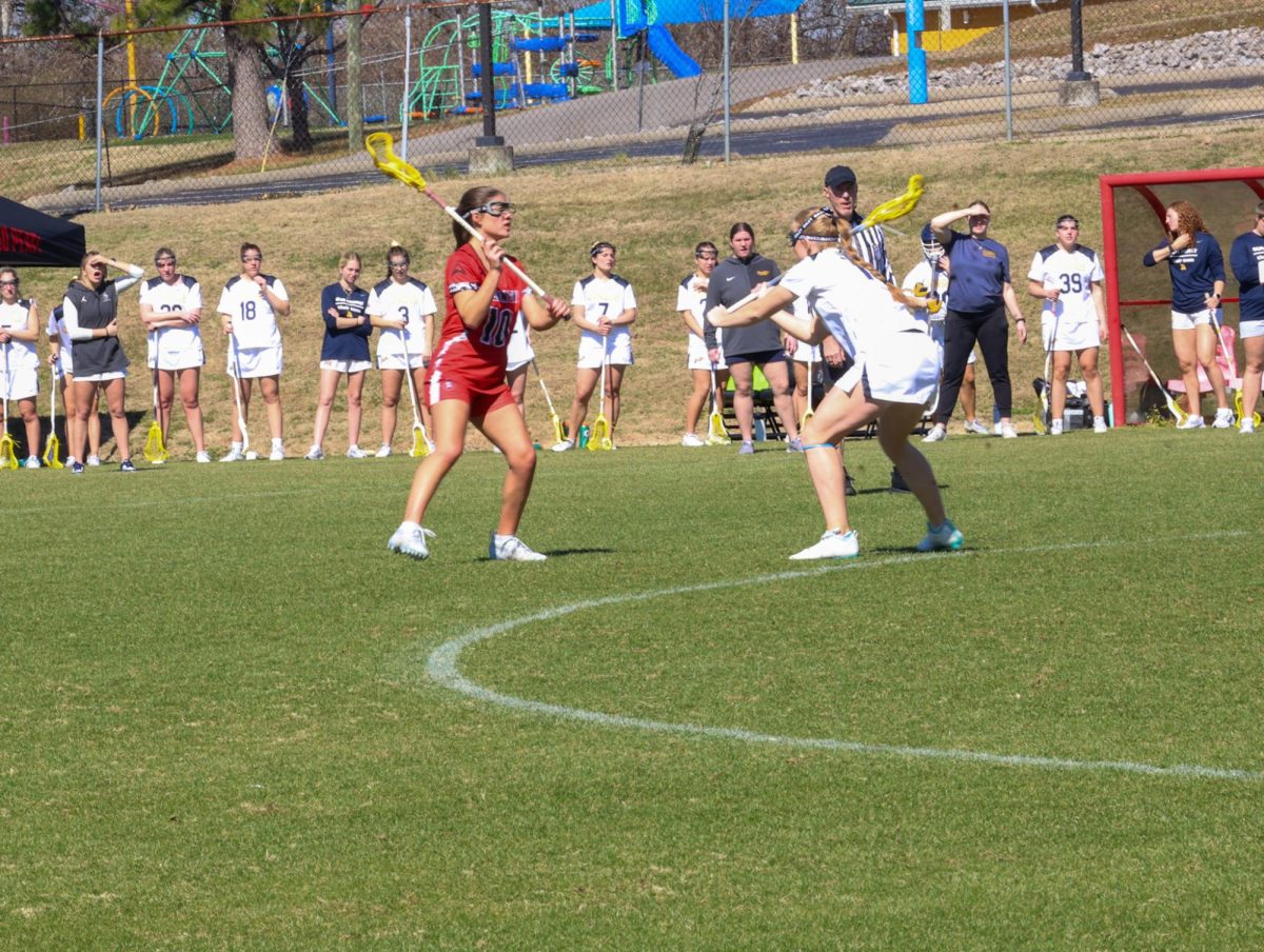 Sophomore attacker Sophia Schwab looks for an open shot during Austin Peay State University’s 17-16 win over Canisius University on Feb. 27, 2026, at Morgan Bros Field.. 