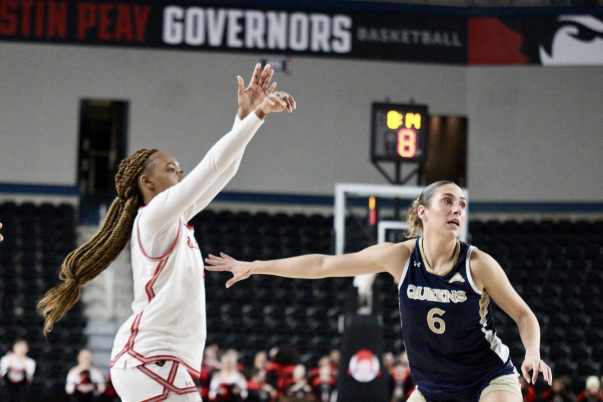 Austin Peay State University sophomore guard, Anovia Sheals, shoots a three-pointer during an 85–47 win against Queens University on Thursday night, Feb. 12, 2026.
