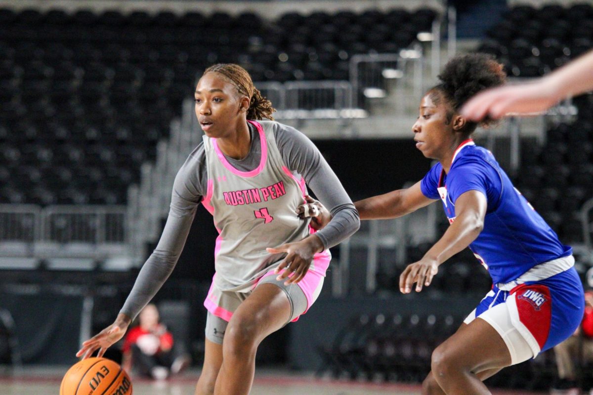 Austin Peay sophomore guard Anovia Sheals dribbles past a defender during a 95–74 loss to West Georgia on Feb. 14, 2026.