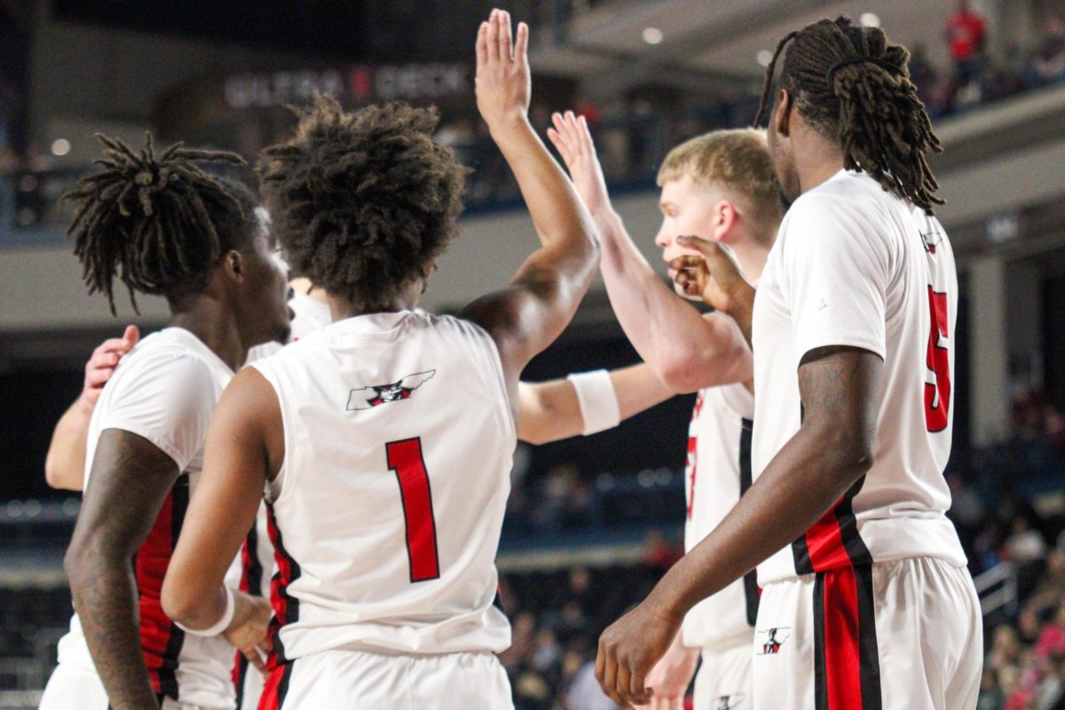 Austin Peay players gather after a foul during a 90–70 win over Bellarmine on Feb. 14, 2026.