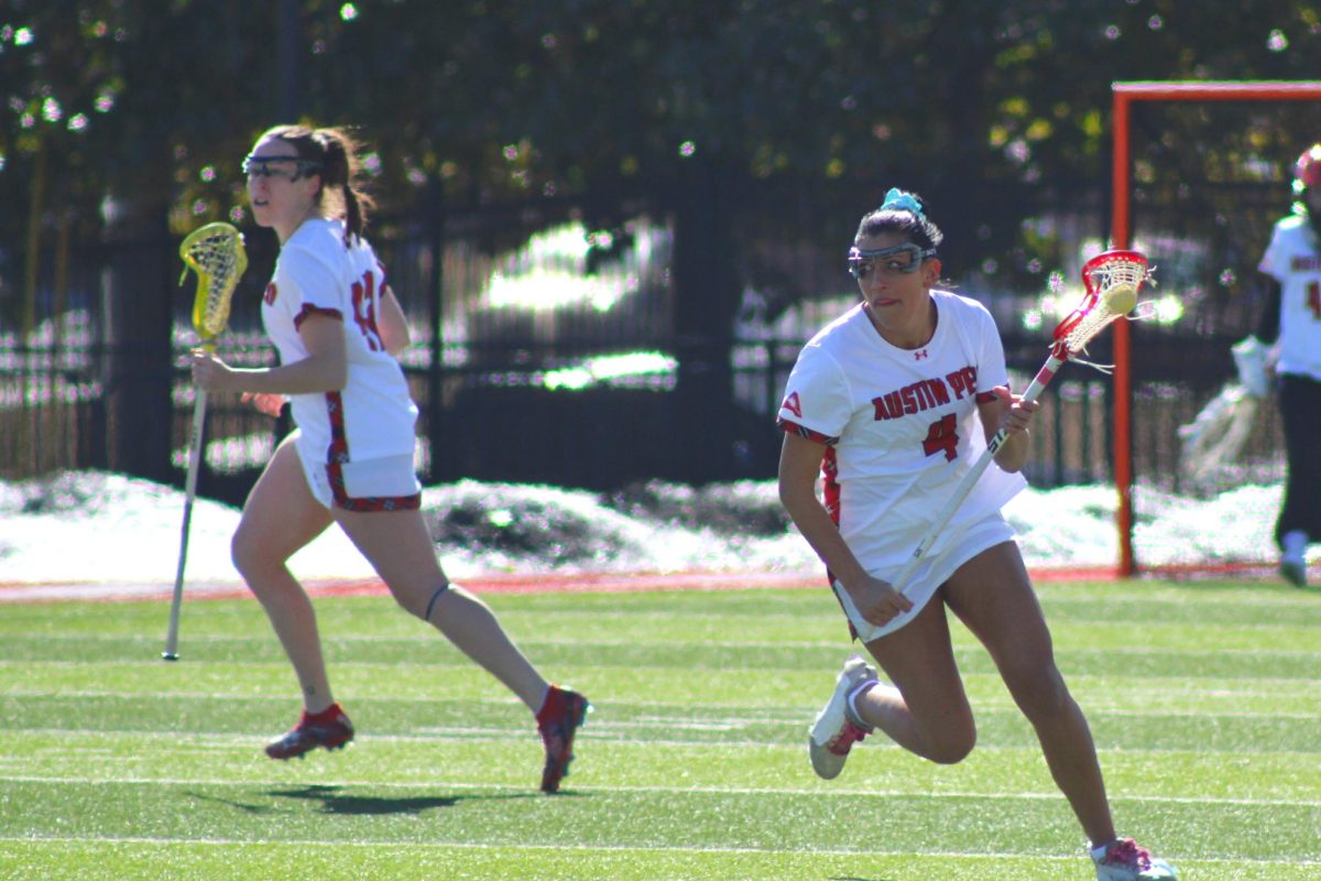 Julia Stanley brings the ball down the field during Austin Peay's 15-14 win against Gardner-Webb on Saturday, Feb. 7, 2026.