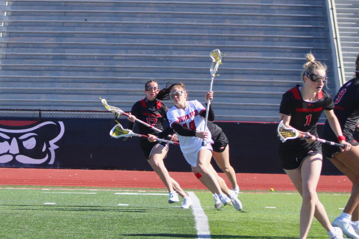 Samantha Houttekier races past two Gardner-Webb defenders during Austin Peay's 15-14 win against Gardner-Webb on Saturday, Feb. 7, 2026.