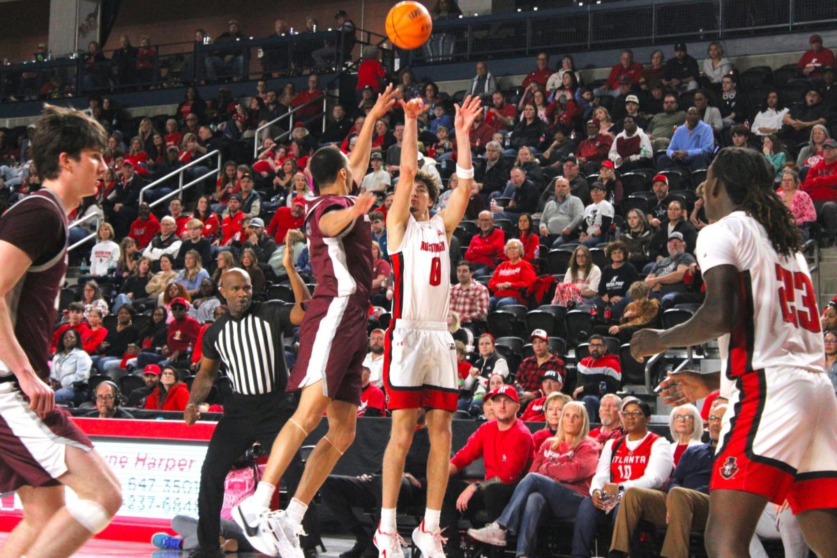 Tate McCubbin shoots a three-pointer during Austin Peay’s 90–70 win over Bellarmine on Feb. 14, 2026.