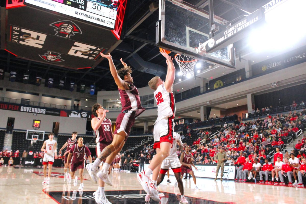 Collin Parker shoots a layup during Austin Peay’s 90–70 win over Bellarmine on Feb. 14, 2026.
