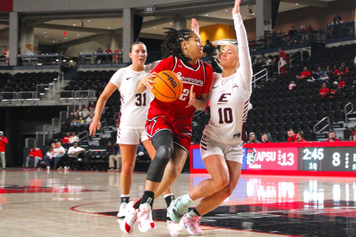 Kyra Perkins punches through an Eastern Kentucky defender in Austin Peay's 67-54 loss to Eastern Kentucky on Feb. 25, 2026.