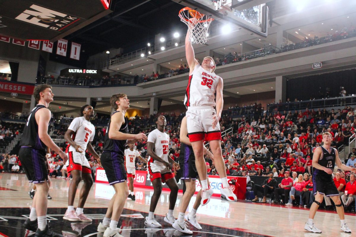 Collin Parker hits the rim for two in Austin Peay's 93-88 loss to Central Arkansas on Feb. 25, 2026.