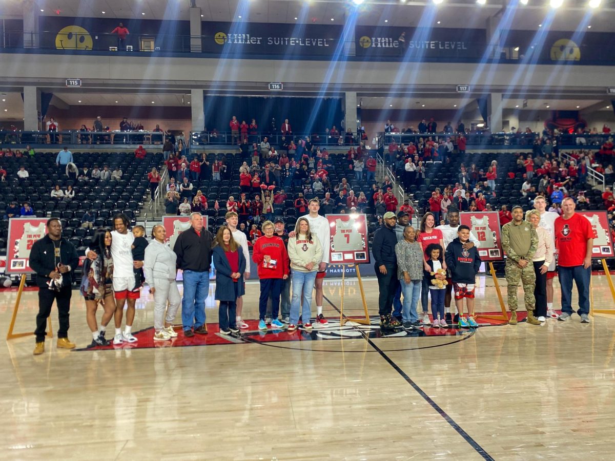 Austin Peay seniors Quan Lax, Matt Enright, Creighton Morisch, Anton Brookshire and Collin Parker are honored pregame during a 93-88 loss to Central Arkansas on Feb. 25, 2026.