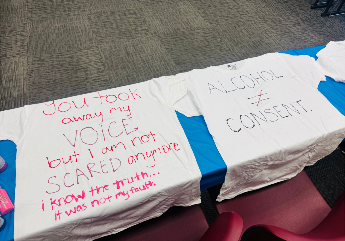 Shirts created during the Clothesline Project display messages from survivors and supporters at Austin Peay on Wednesday, Feb. 4. The shirts will be hung in the MUC Hub for Teen Dating Violence Awareness Day on Feb. 11.