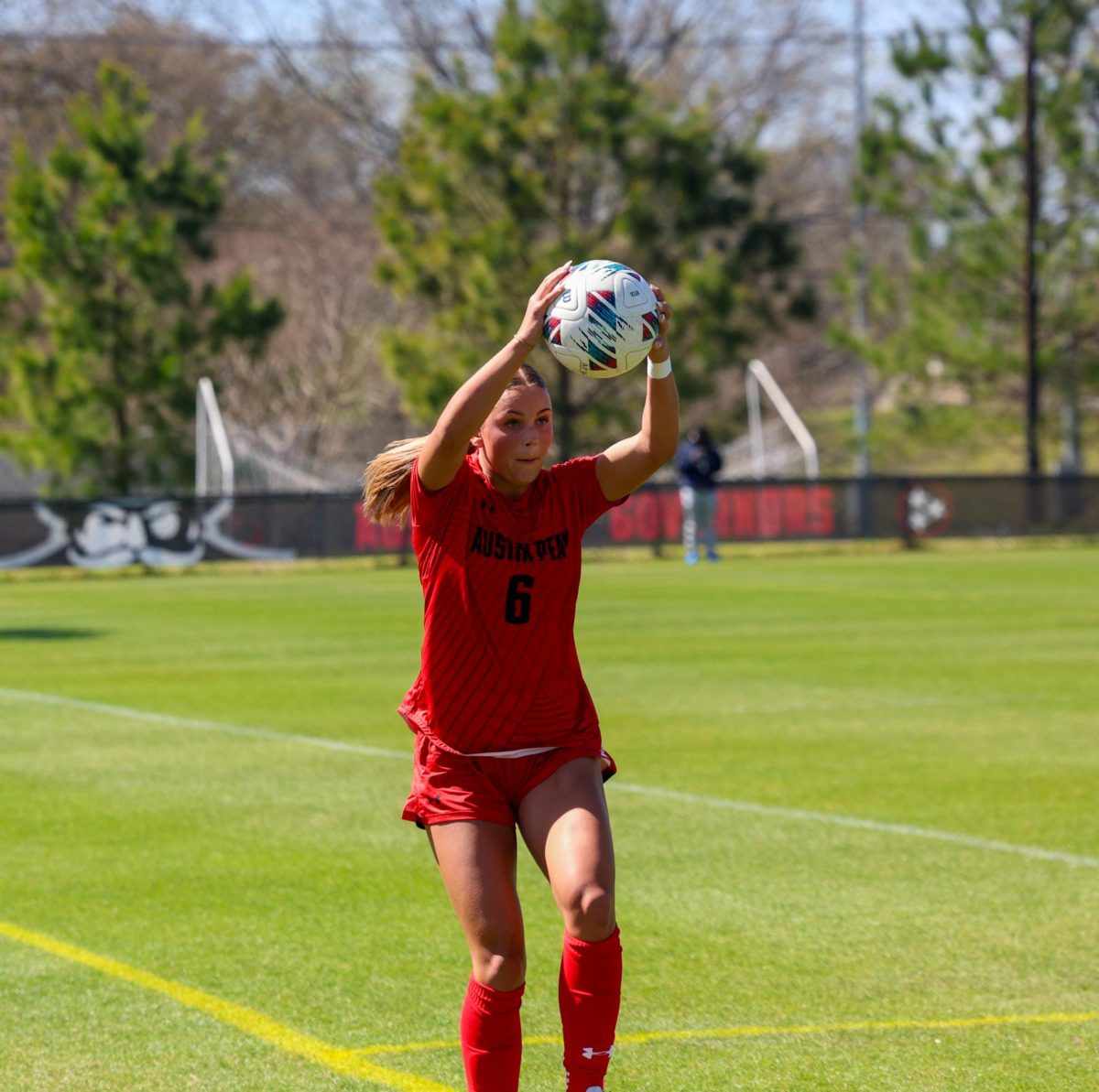 Austin Peay State University women’s soccer junior defender Kerigan Kivisto throws the ball back into play during a 3-2 loss to Southern Illinois at Morgan Bros Field on Saturday, March 28, 2026.
