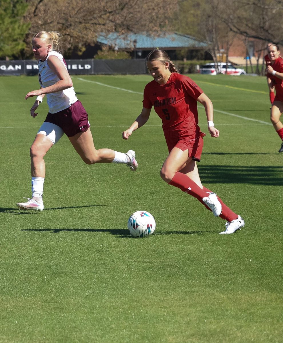 Austin Peay State University women’s soccer junior midfielder Kayla Barr attacks the goal during a 3-2 loss to Southern Illinois at Morgan Bros Field on Saturday, March 28, 2026.