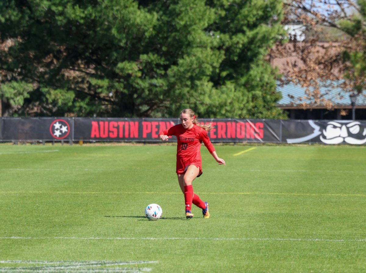 Austin Peay State University women’s soccer junior defender Anna Drexel looks for an opening during a 3-2 loss to Southern Illinois at Morgan Bros Field on Saturday, March 28, 2026.