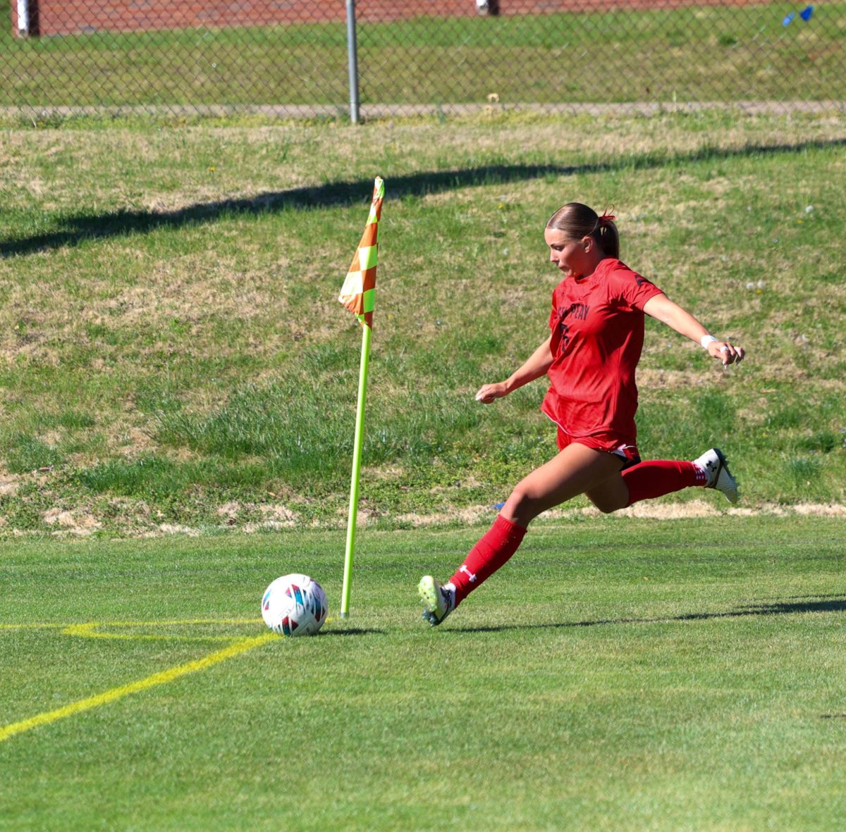 Austin Peay State University women’s soccer junior defender Kerigan Kivisto kicks the ball back into play during a 3-2 loss to Southern Illinois at Morgan Bros Field on Saturday, March 28, 2026.