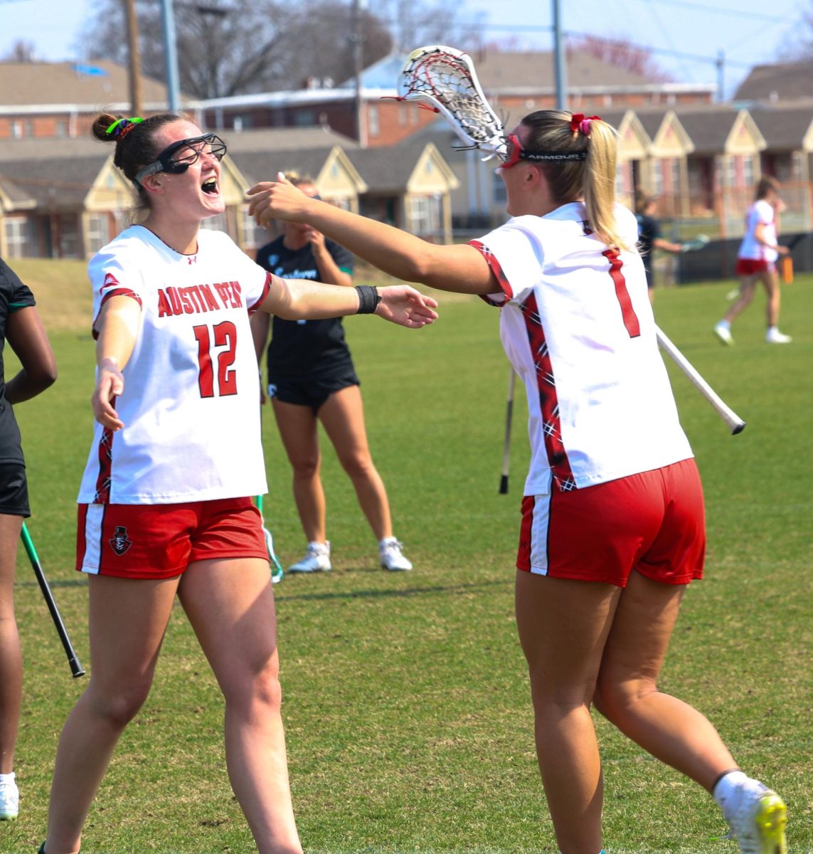 Austin Peay State University women’s lacrosse graduate student Lauryn Warfield celebrates after scoring as the Governors fell to Eastern Michigan, 13-10, on March 1, 2026, at Morgan Bros Field.