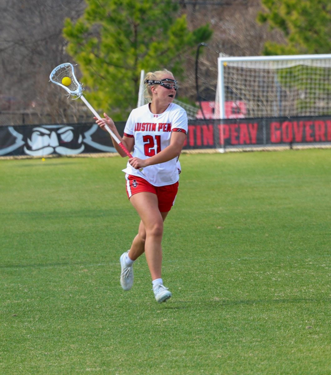 Austin Peay State University women’s lacrosse sophomore defenseman Elyse Faler looks for an open teammate as the Governors fell to Eastern Michigan, 13-10, on March 1, 2026, at Morgan Bros Field.