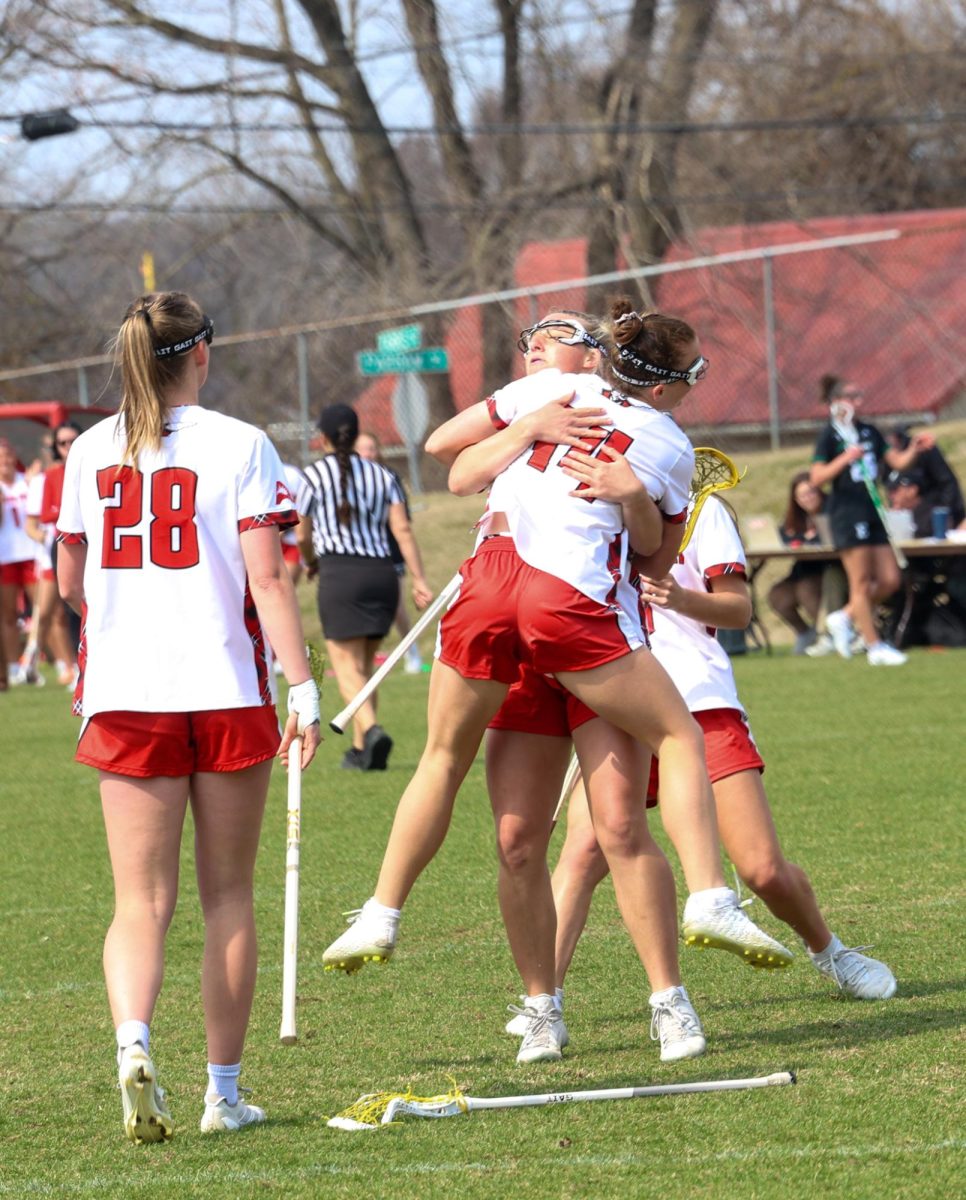 Austin Peay State University women’s lacrosse players celebrate after scoring as the Governors fell to Eastern Michigan, 13-10, on March 1, 2026, at Morgan Bros Field.