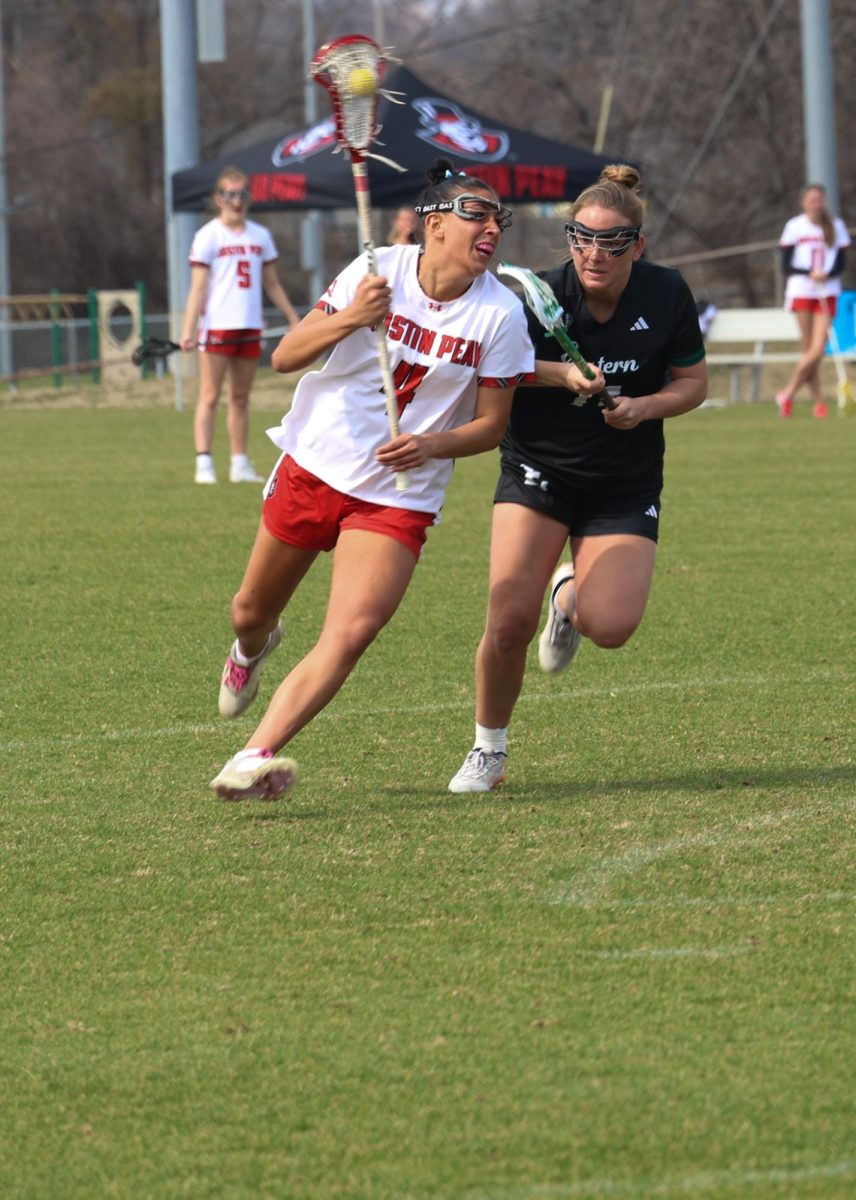 Austin Peay State University women’s lacrosse sophomore Julia Stanley looks for an open teammate as the Governors fell to Eastern Michigan, 13-10, on March 1, 2026, at Morgan Bros Field.