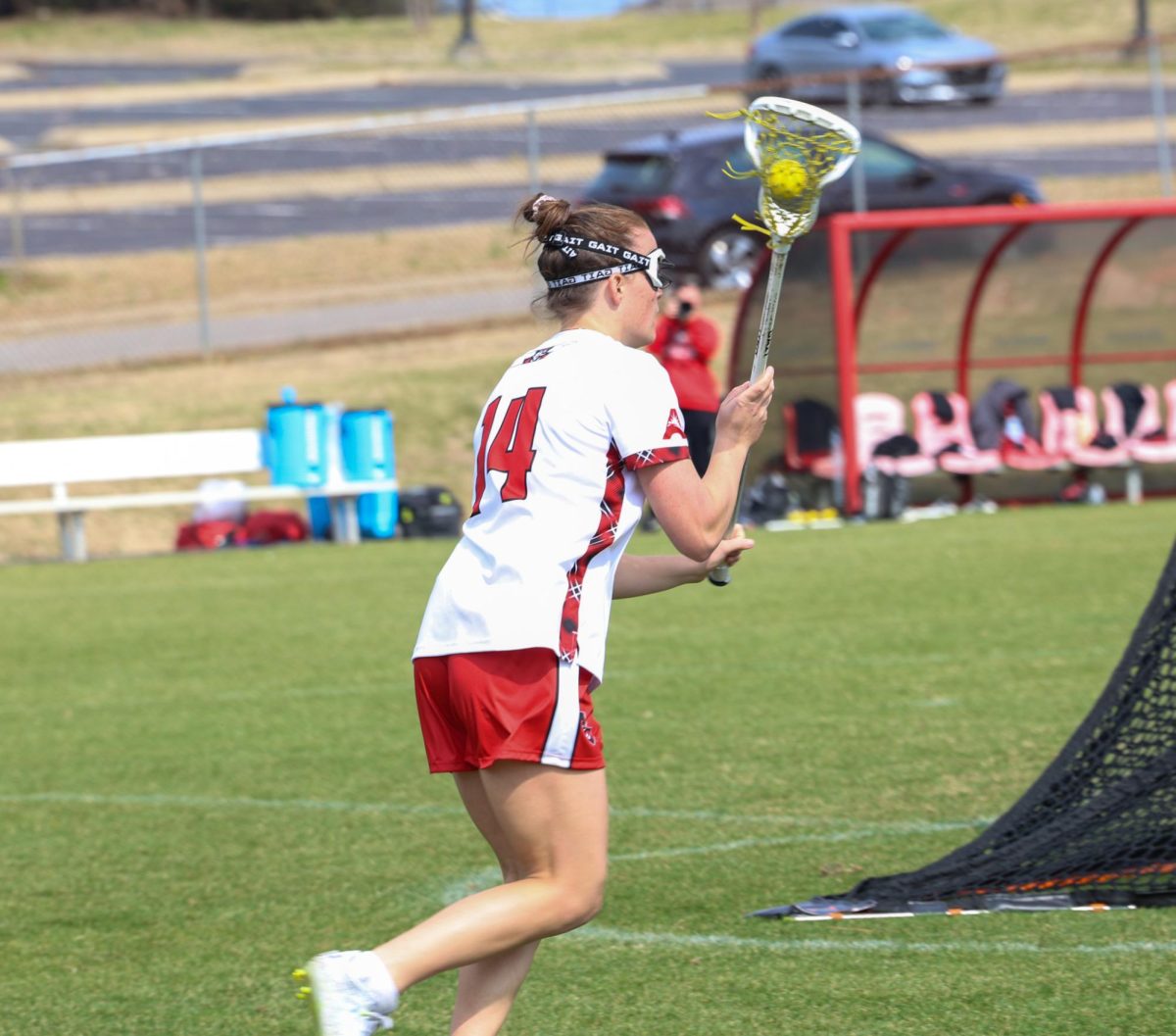Austin Peay State University women’s lacrosse freshman attacker Samantha Houttekier looks to score around the net as the Governors fell to Eastern Michigan, 13-10, on March 1, 2026, at Morgan Bros Field.