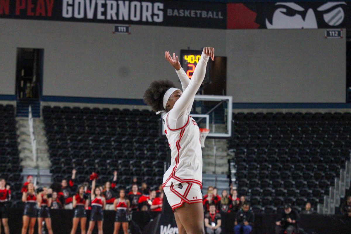 Austin Peay graduate guard JaNiah Newell makes a three-pointer during a 71-59 loss to the University of Texas Rio Grande Valley on March 19, 2026.