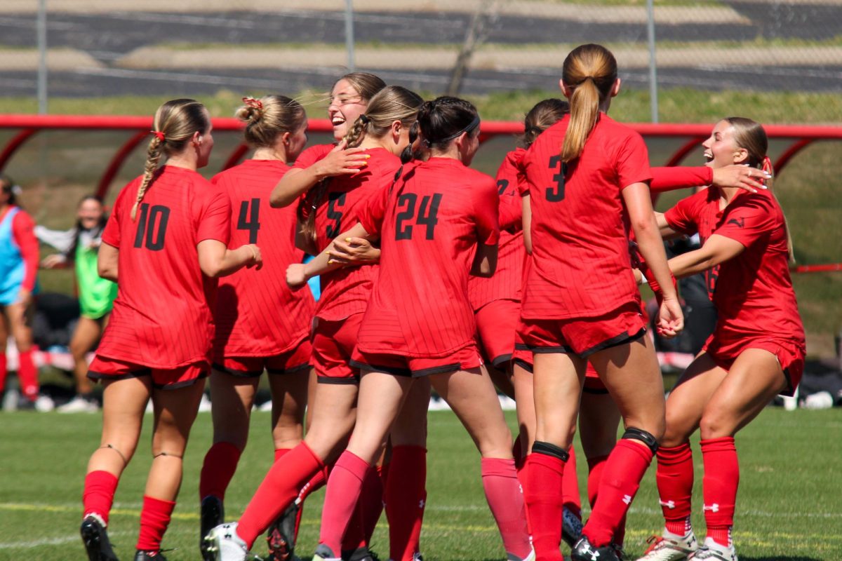 Austin Peay State University players celebrate after sophomore forward Paige Chrustowski scores a goal during a 3-2 loss to Southern Illinois University Saturday afternoon, March 28.