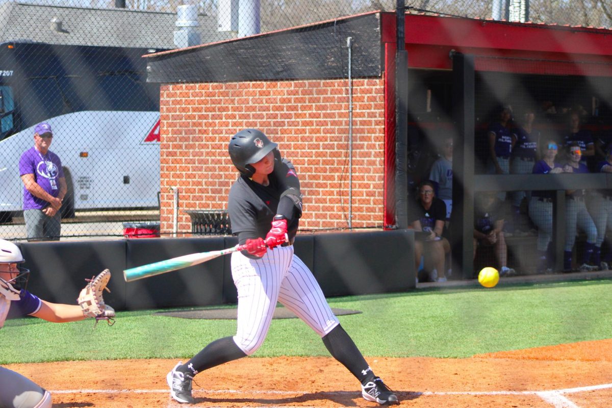 Austin Peay State University junior Katie Raper bats during a 5-4 loss to the University of North Alabama on Sunday, March 22, at Cathi Maynard Park.