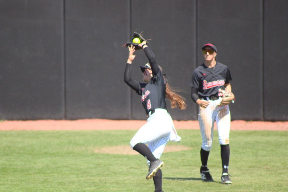 Austin Peay State University junior Kiley Hinton catches a fly ball during a 5-4 loss to the University of North Alabama on Sunday, March 22, at Cathi Maynard Park.