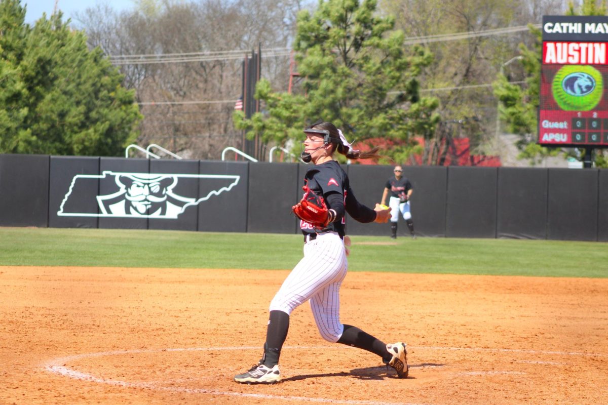 Austin Peay State University junior Cameron Grayson pitches during a 5-4 loss to the University of North Alabama on Sunday, March 22, at Cathi Maynard Park.