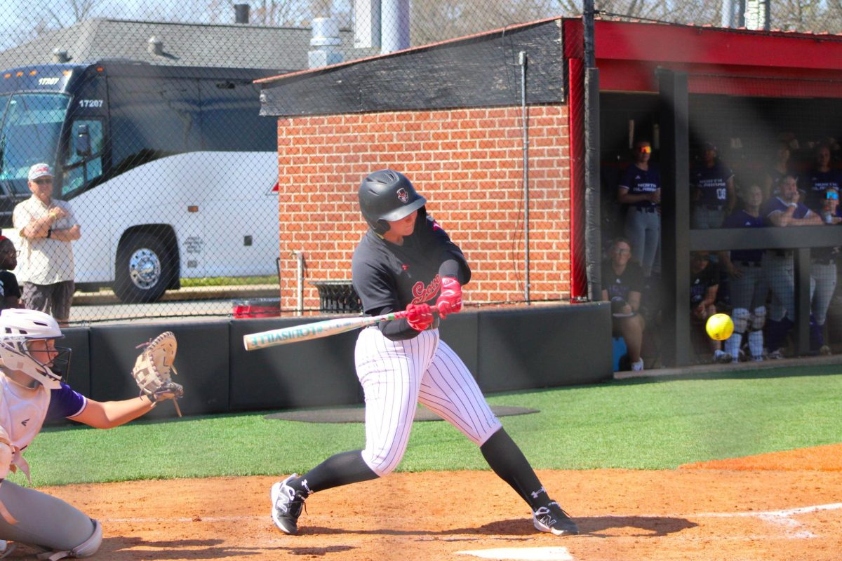 Austin Peay State University junior Katie Raper bats during a 5-4 loss to the University of North Alabama on Sunday, March 22, at Cathi Maynard Park.
