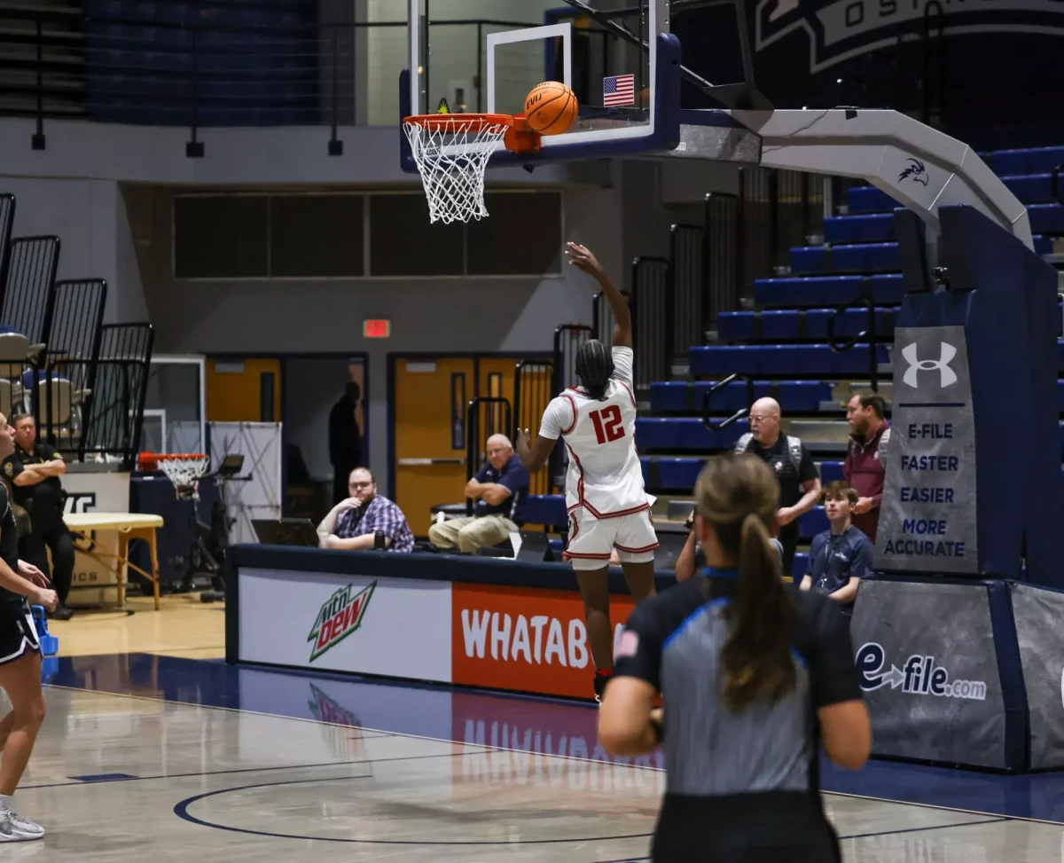 Austin Peay State University freshman guard Jim’Miyah Branton shoots a layup during the Govs’ 63-56 win over Lipscomb on March 4, 2026, at UNF Arena in Jacksonville, Florida.