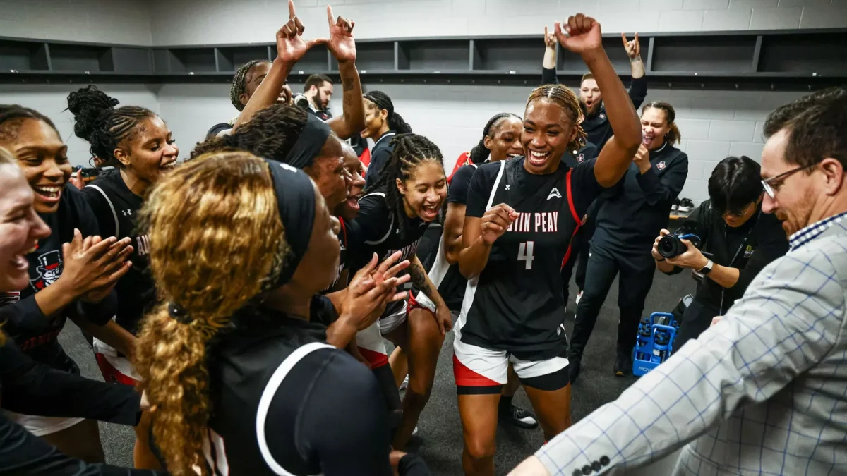Austin Peay women’s basketball players celebrate in the locker room after defeating Eastern Kentucky 45-41 in the ASUN Championship quarterfinals on March 5, 2026, at VyStar Veterans Memorial Arena in Jacksonville, Florida.