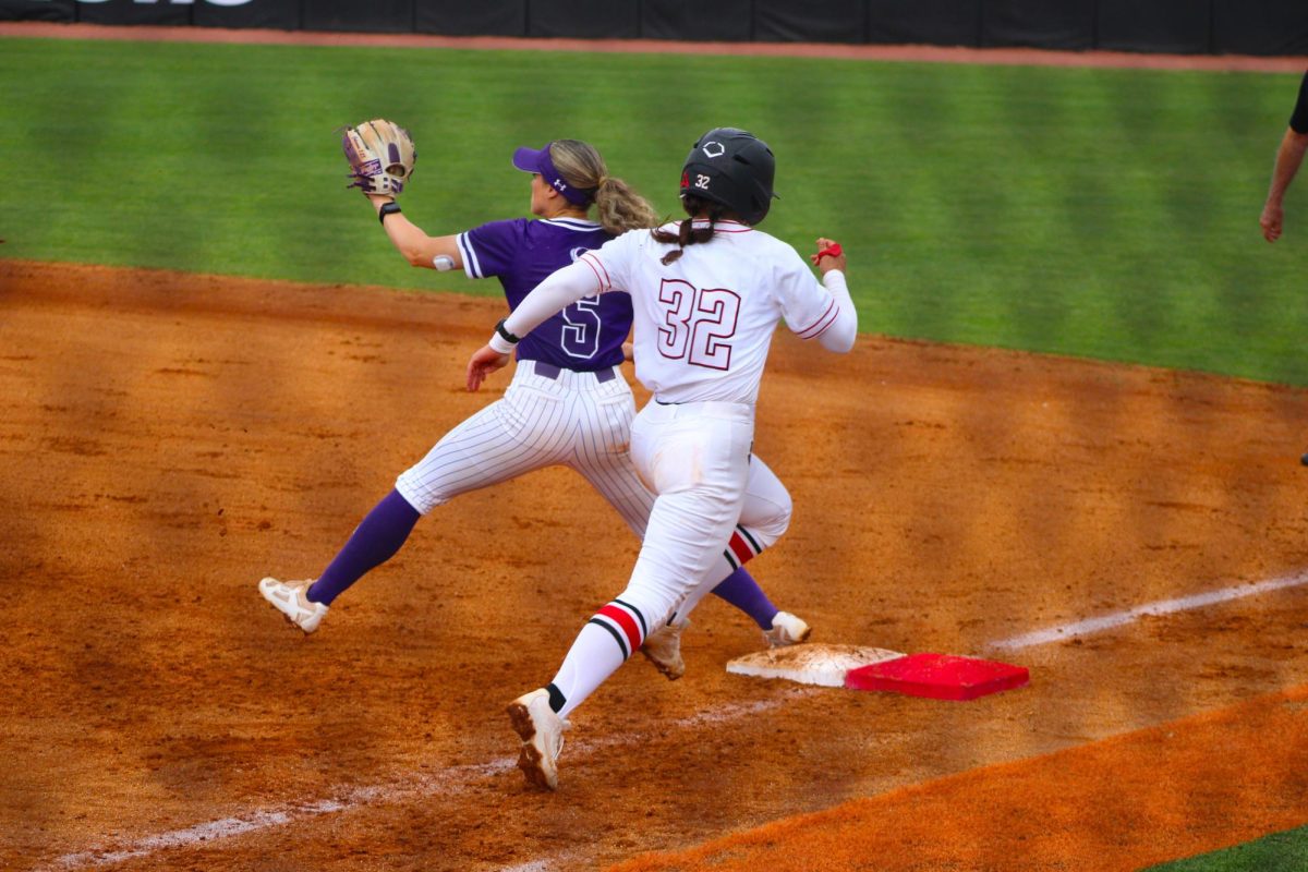 Austin Peay State University junior catcher Natalie Burns runs to first base in a 6-0 win over Lipscomb University in the first game of a doubleheader, Saturday, April 11, 2026.