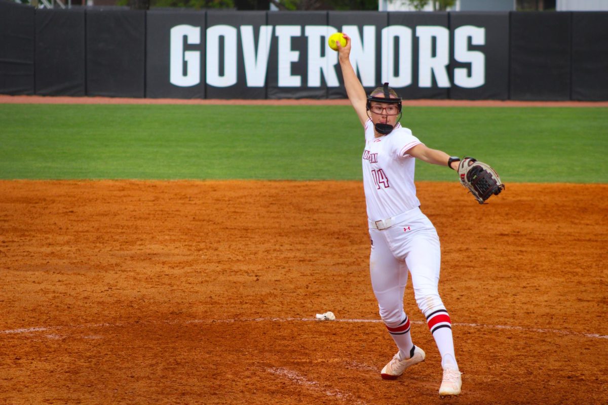 Austin Peay State University senior pitcher Alanah Jones pitches in a 6-0 win over Lipscomb University in the first game of a doubleheader, Saturday, April 11, 2026.