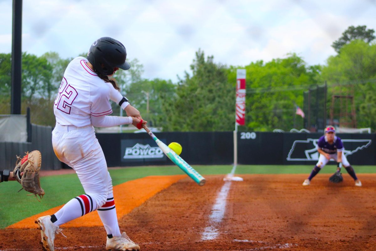 Austin Peay State University junior catcher Natalie Burns hits the ball in a 3-2 win over Lipscomb University in the second game of a doubleheader, Saturday, April 11, 2026.