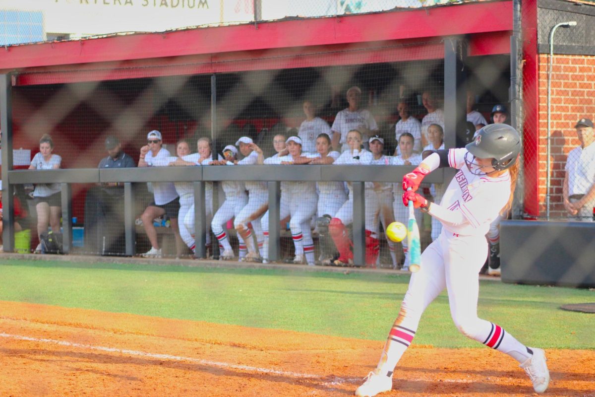 Austin Peay State University senior center fielder Shelby Allen hits the ball in a 3-2 win over Lipscomb University in the second game of a doubleheader, Saturday, April 11, 2026.
