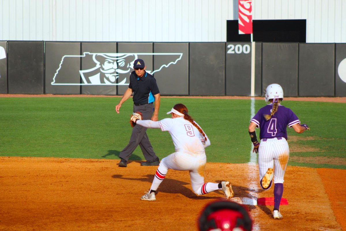 Austin Peay State University senior first baseman Sammie Shelander catches the ball for an out against Lipscomb University in a 3-2 win in the second game of a doubleheader, Saturday, April 11, 2026.