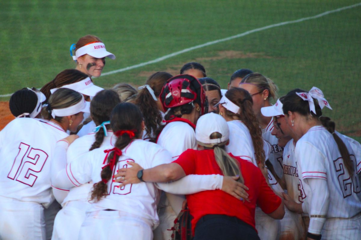 The Austin Peay State University softball team celebrates a 3-2 win over Lipscomb University in the second game of a doubleheader, Saturday, April 11, 2026.