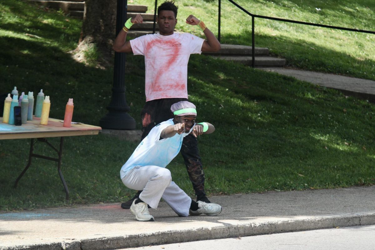 Austin Peay State University students Earnest Williams Jr and Londen James show excitement before the color run, Sunday afternoon, April 19, 2026.