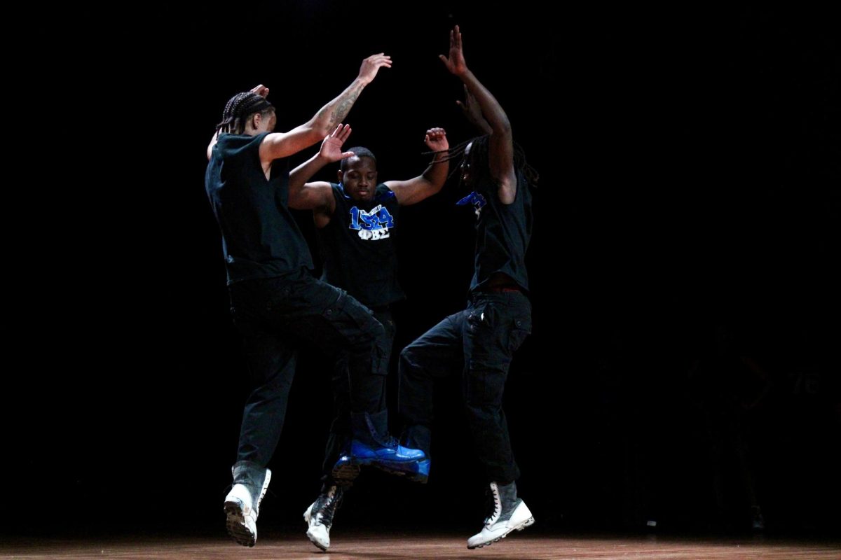 Alpha Rho chapter of Phi Beta Sigma members connect their feet and hop during a fast round of the NPHC Stroll Off on Friday, April 24, 2026.