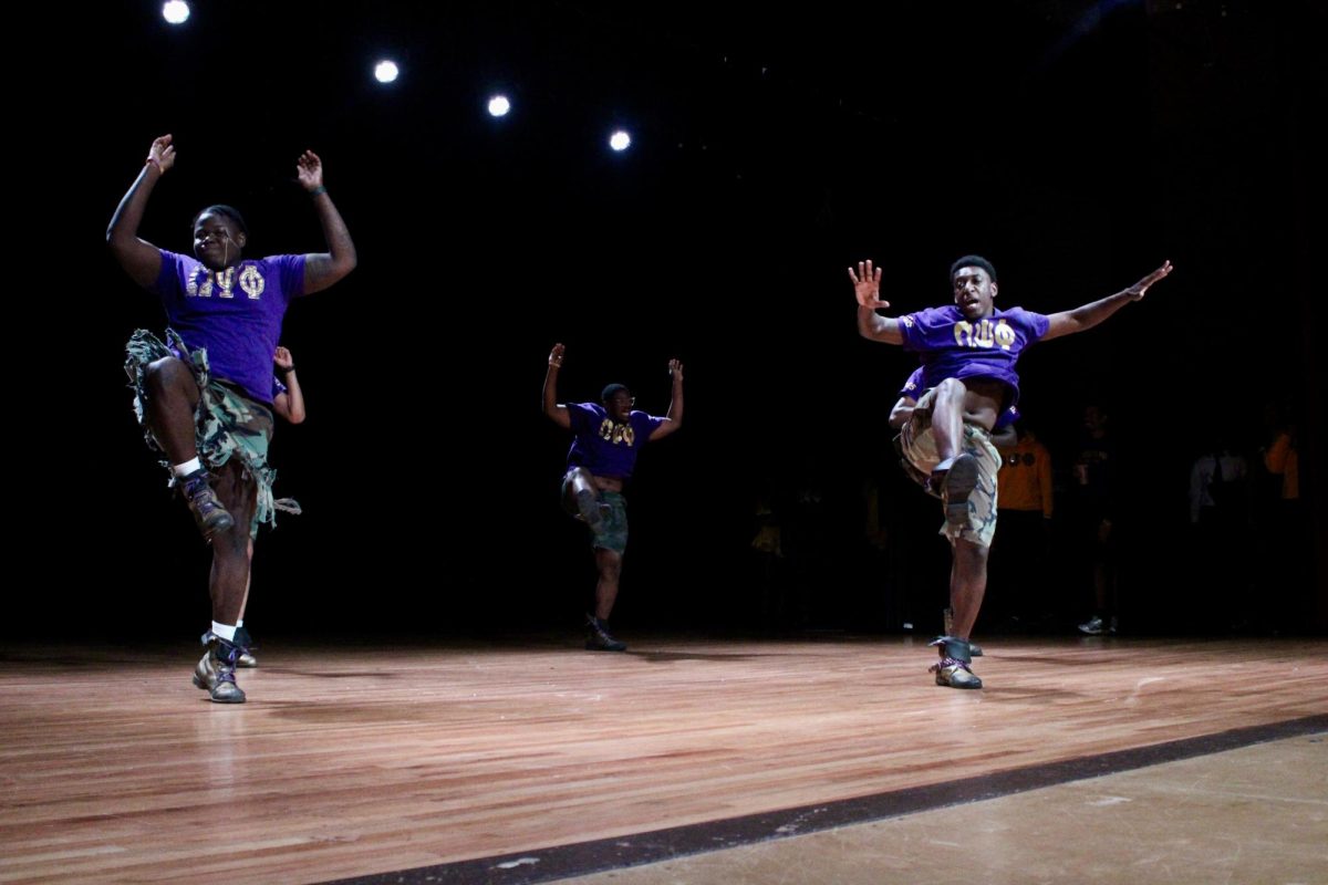 Rho Kappa chapter of Omega Psi Phi members hop and step during the freestyle round of the NPHC Stroll Off on Friday, April 24, 2026.