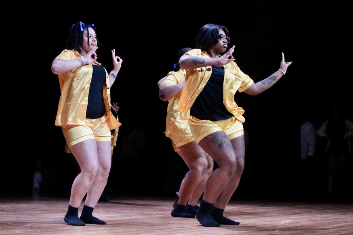 Nu Zeta chapter of Sigma Gamma Rho members hold up signs while wearing pajamas during the slow round of the NPHC Stroll Off on Friday, April 24, 2026.