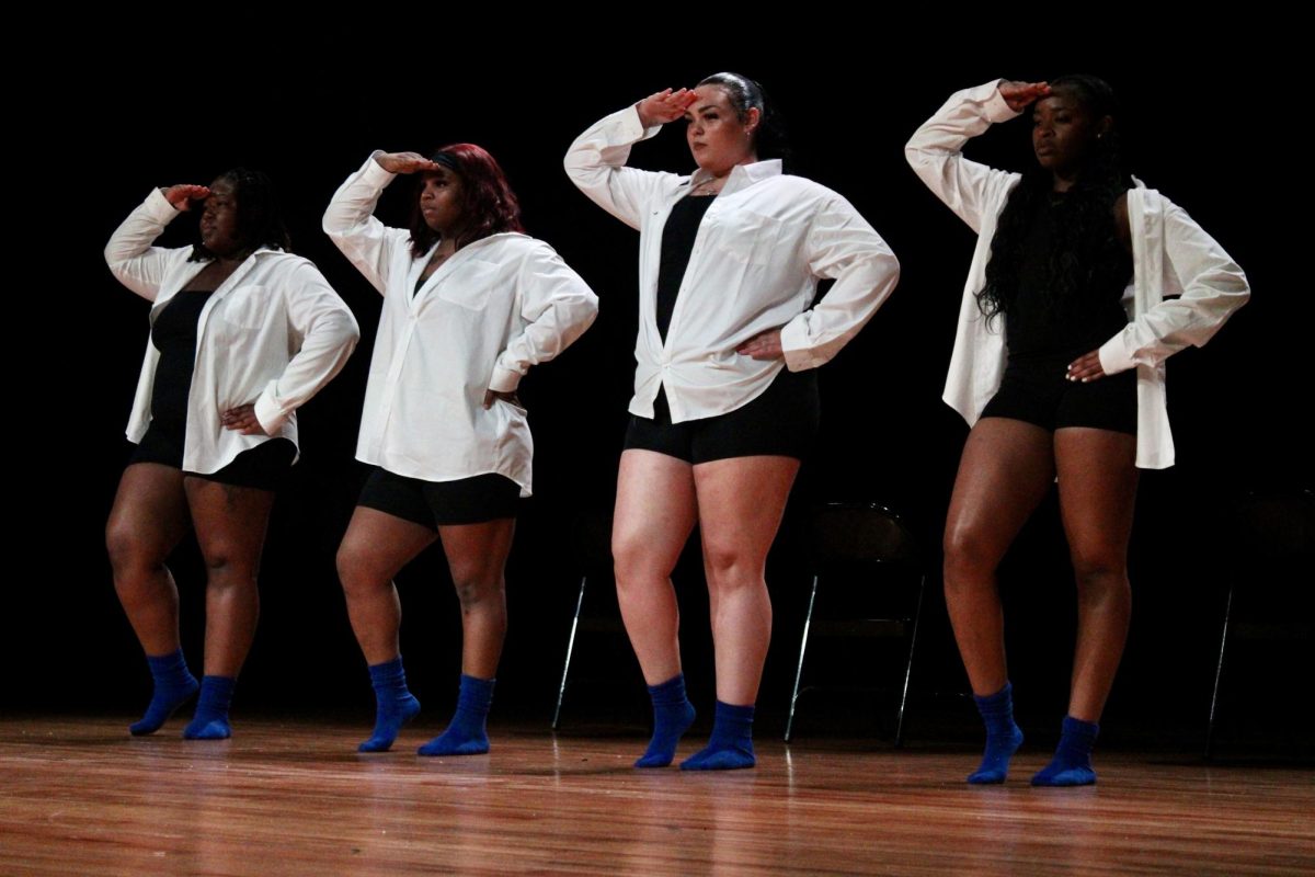 Gamma Nu chapter of Zeta Phi Beta members salute during the slow round of the NPHC Stroll Off on Friday, April 24, 2026.